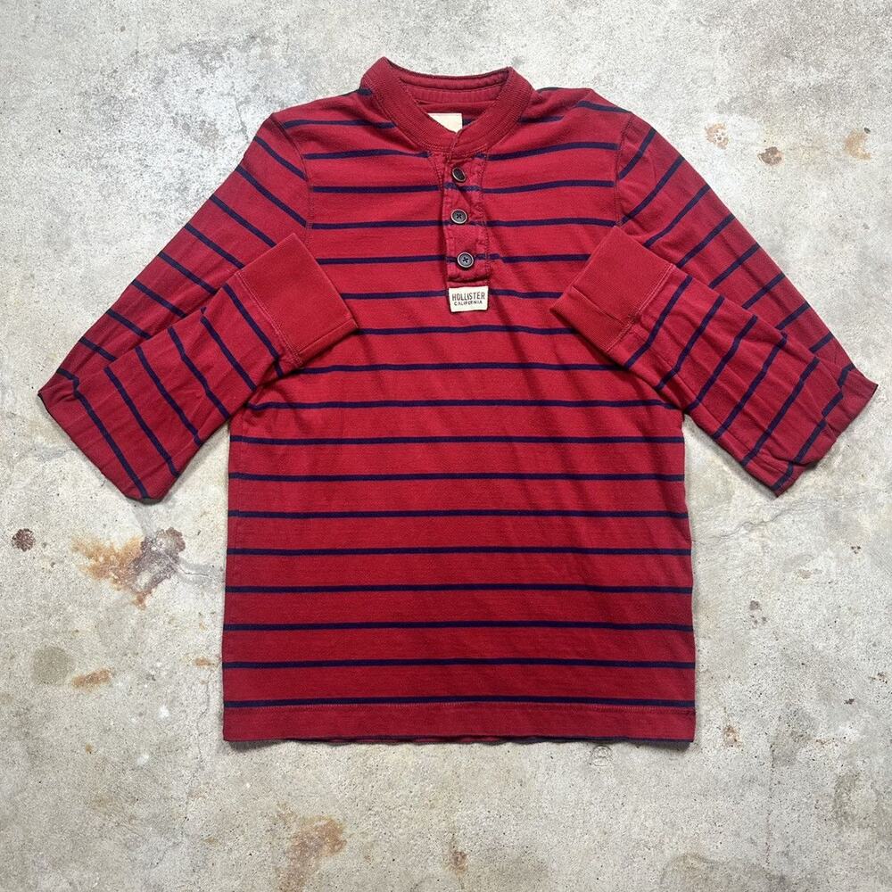 Vintage Hollister Red & Navy Striped Henley Long Sleeve Shirt Size XL